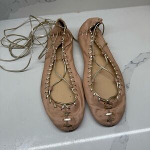 Christian Louboutin Pink and Gold Flats with Lace-Up Design